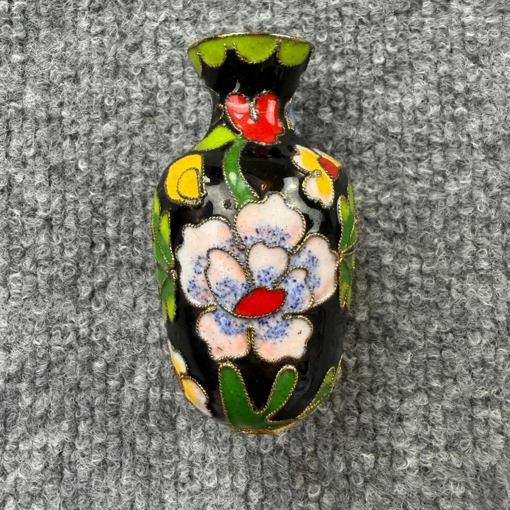 Vintage Miniature Cloisonne Floral Vase Black Enamel Peony Design 3.25 Inch